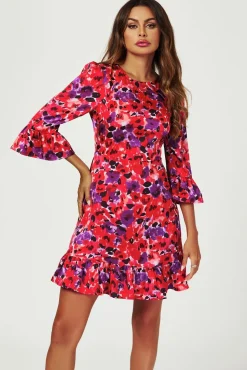 Abstract Floral Print Mini Dress In Red
