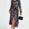 Abstract Floral Print Shirt Midi Wrap Dress In Black