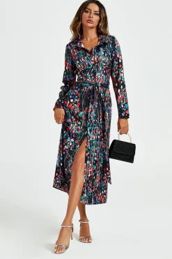 Abstract Floral Print Shirt Midi Wrap Dress In Black