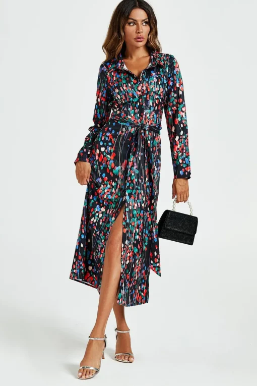 Abstract Floral Print Shirt Midi Wrap Dress In Black
