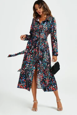 Abstract Floral Print Shirt Midi Wrap Dress In Black