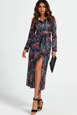 Abstract Floral Print Shirt Midi Wrap Dress In Black