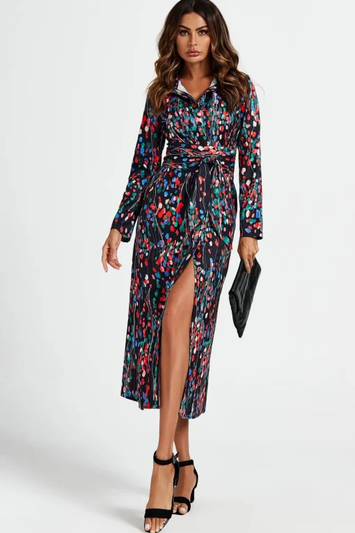 Abstract Floral Print Shirt Midi Wrap Dress In Black