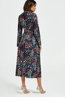 Abstract Floral Print Shirt Midi Wrap Dress In Black