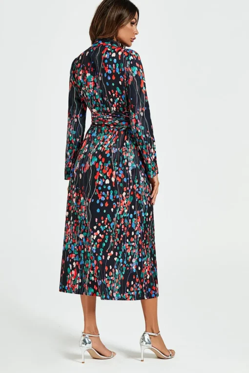 Abstract Floral Print Shirt Midi Wrap Dress In Black