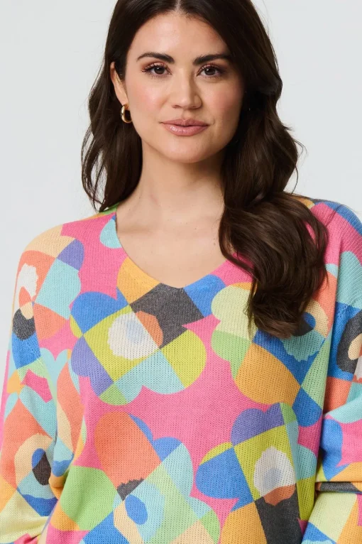 Abstract V-Neck Long Sleeve Knit Top