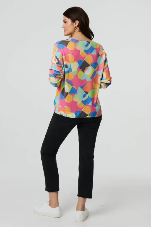 Abstract V-Neck Long Sleeve Knit Top
