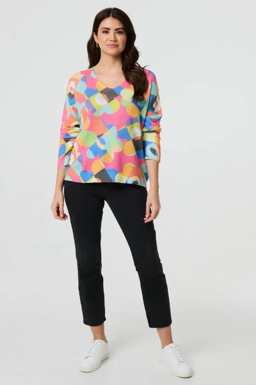 Abstract V-Neck Long Sleeve Knit Top