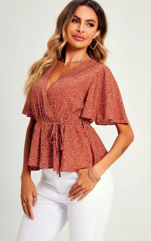 Angel Sleeve V Neck Top/Blouse In Rusty Red Dot Print