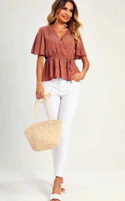Angel Sleeve V Neck Top/Blouse In Rusty Red Dot Print