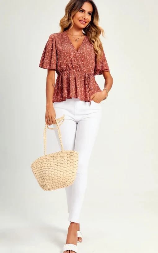 Angel Sleeve V Neck Top/Blouse In Rusty Red Dot Print