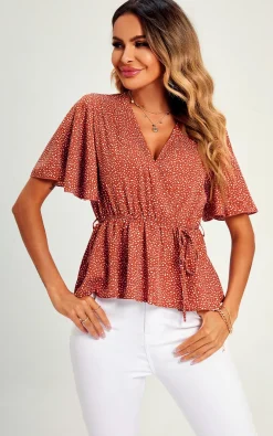 Angel Sleeve V Neck Top/Blouse In Rusty Red Dot Print