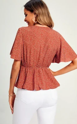 Angel Sleeve V Neck Top/Blouse In Rusty Red Dot Print