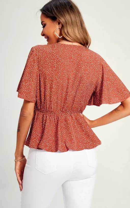 Angel Sleeve V Neck Top/Blouse In Rusty Red Dot Print