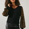 Animal Chiffon Sleeve V Neck Knitted Top