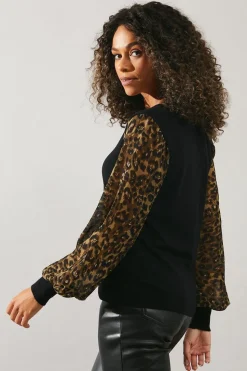 Animal Chiffon Sleeve V Neck Knitted Top