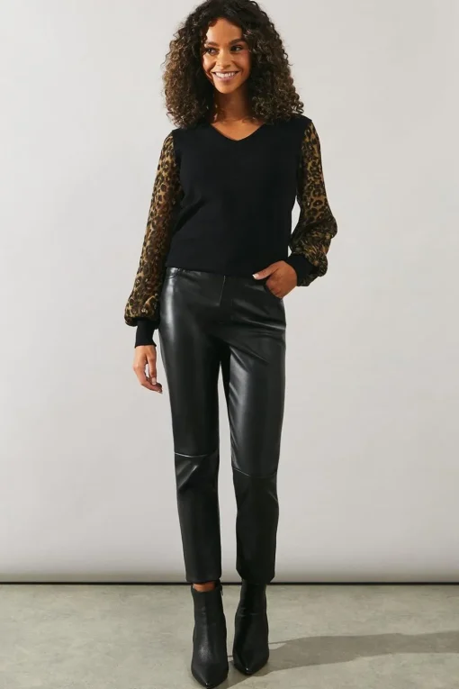 Animal Chiffon Sleeve V Neck Knitted Top