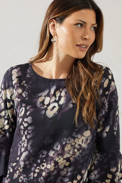 Animal Print Flute Sleeve Shift Dress