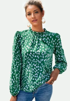 Animal Print Frill Detail High Neck Top In Green