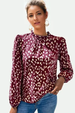 Animal Print Frill Detail High Neck Top In Wine