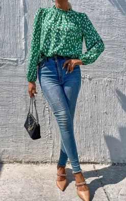 Animal Print Frill Detail High Neck Top In Green