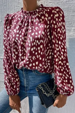 Animal Print Frill Detail High Neck Top In Wine
