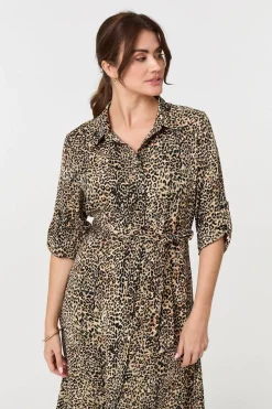 Animal Print Tie Waist Midi Shirt Dress