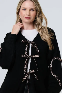 Animal Print Trim Tie Front Cardigan