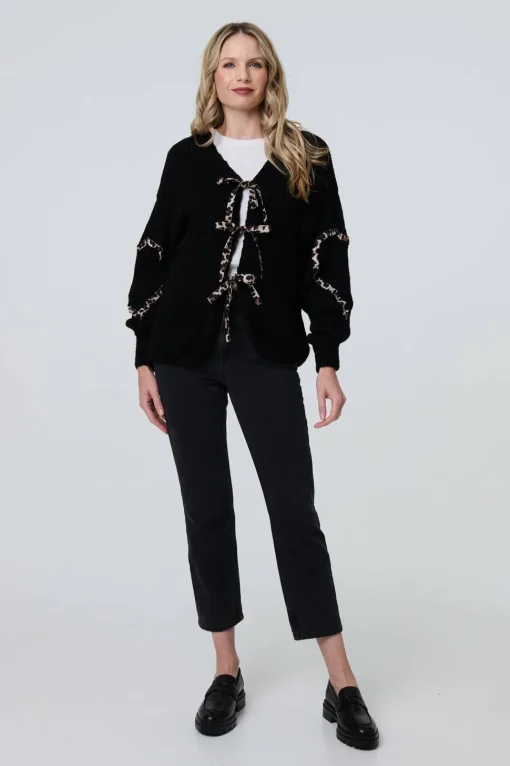 Animal Print Trim Tie Front Cardigan