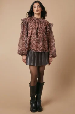 Animal Printed Metallic Chiffon Tie Neck Blouse