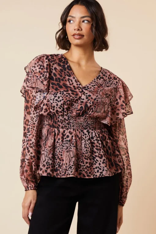 Animal Shirred Waist Button Front Chiffon Long Sleeve Blouse