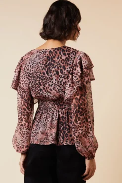 Animal Shirred Waist Button Front Chiffon Long Sleeve Blouse