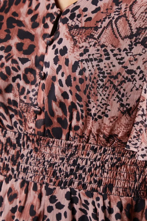 Animal Shirred Waist Button Front Chiffon Long Sleeve Blouse