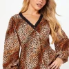 Animal Sleeve Lace Trim Button Front Tea Blouse