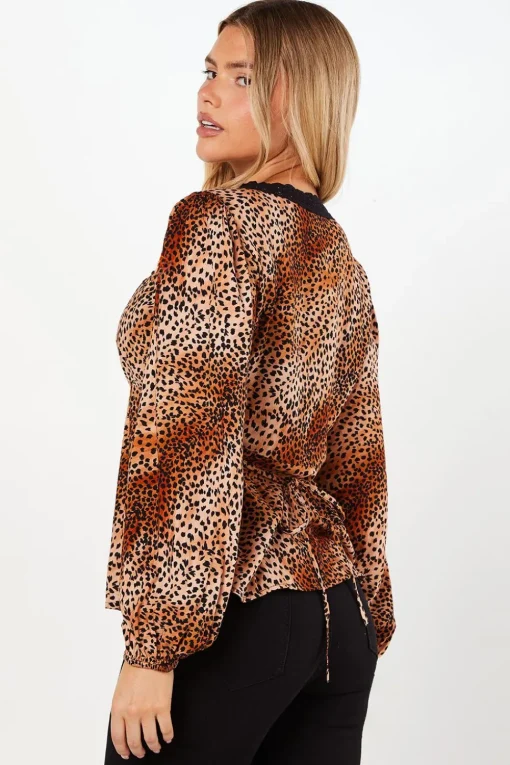 Animal Sleeve Lace Trim Button Front Tea Blouse
