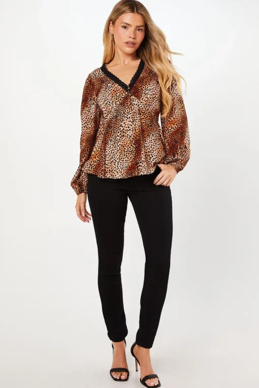 Animal Sleeve Lace Trim Button Front Tea Blouse