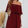 Bardot Frill Off Shoulder Mini Dress In Wine Red