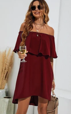 Bardot Frill Off Shoulder Mini Dress In Wine Red