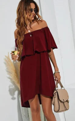 Bardot Frill Off Shoulder Mini Dress In Wine Red