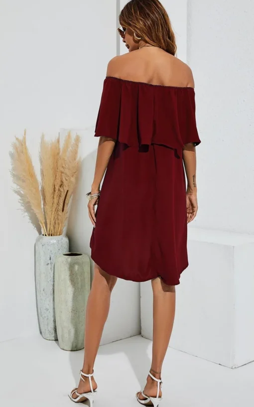 Bardot Frill Off Shoulder Mini Dress In Wine Red
