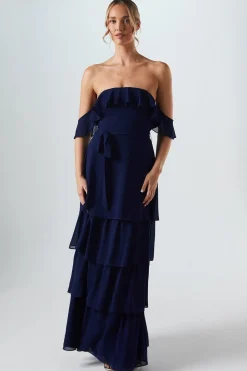 Bardot Tiered Georgette With Tie Detail Bridesmaids Dress