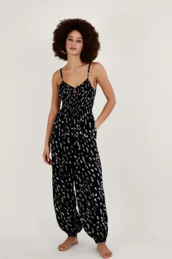Batik Print Shirred Jumpsuit