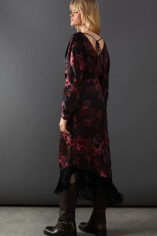 Batwing Asymmetric Midi Dress With Fringe