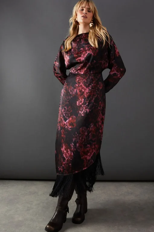 Batwing Asymmetric Midi Dress With Fringe