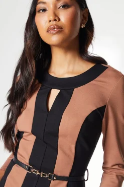 Beige Contrast Detail Ponte Shift Dress