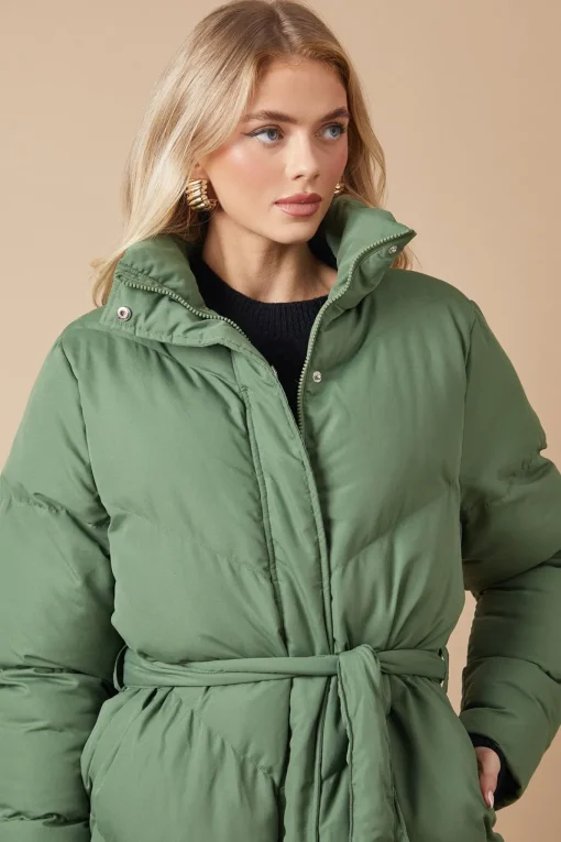 Belted Midi Padded Funnel Neck Coat
