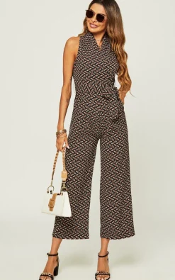 Belted Wrap Jumpsuit In Navy Mix Printed