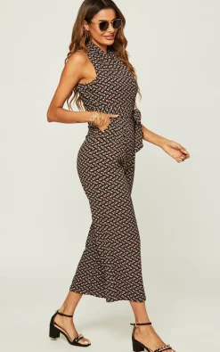 Belted Wrap Jumpsuit In Navy Mix Printed
