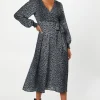 Black Animal Long Sleeve Wrap Midi Dress