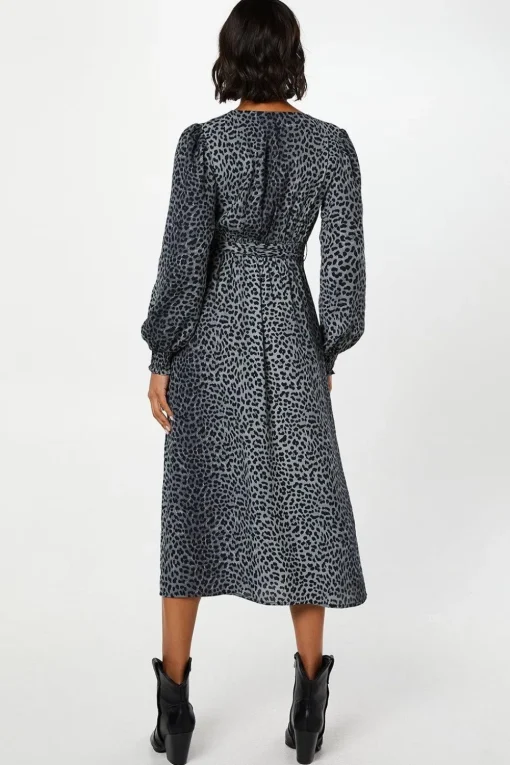 Black Animal Long Sleeve Wrap Midi Dress